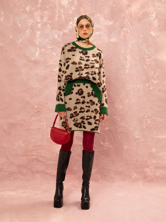JACQUARD KNIT MINI SKIRT - LEOPARD