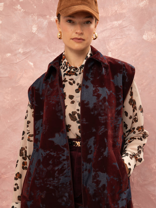 DENIM/VELVET LONG VEST - BURGUNDY