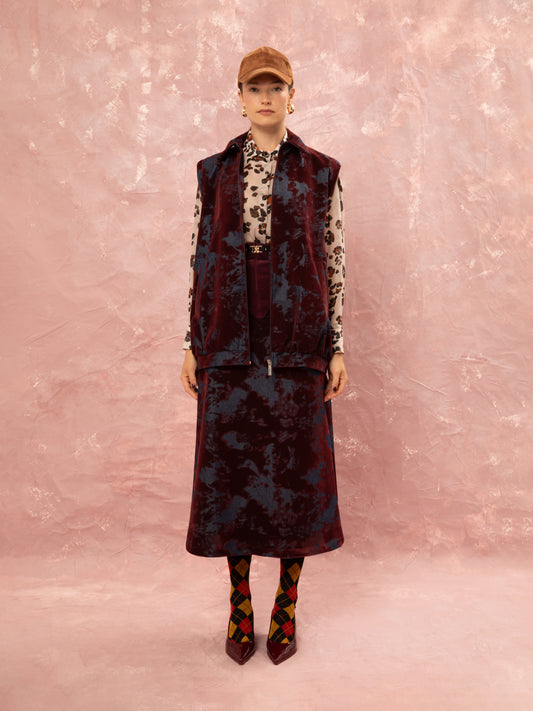 DENIM/VELVET LONG VEST - BURGUNDY