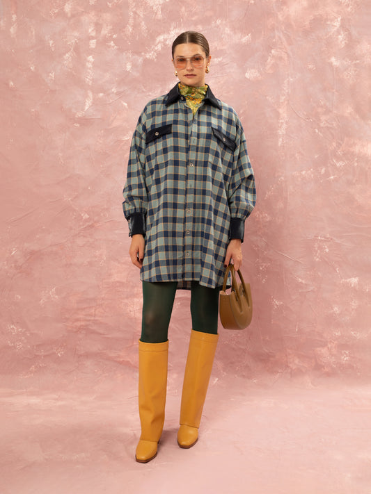 CHECKED MIDI SHIRT DRESS - BLUE