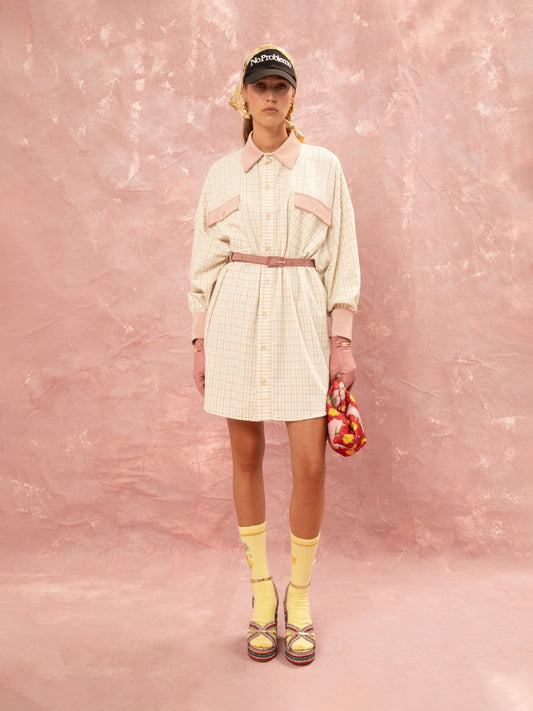 CHECKED MIDI SHIRT DRESS - OFF-WHITE