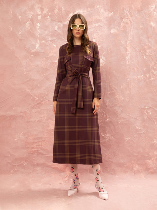 STRAIGHT LINE MIDI DRESS - CHECKED BURGUNDY