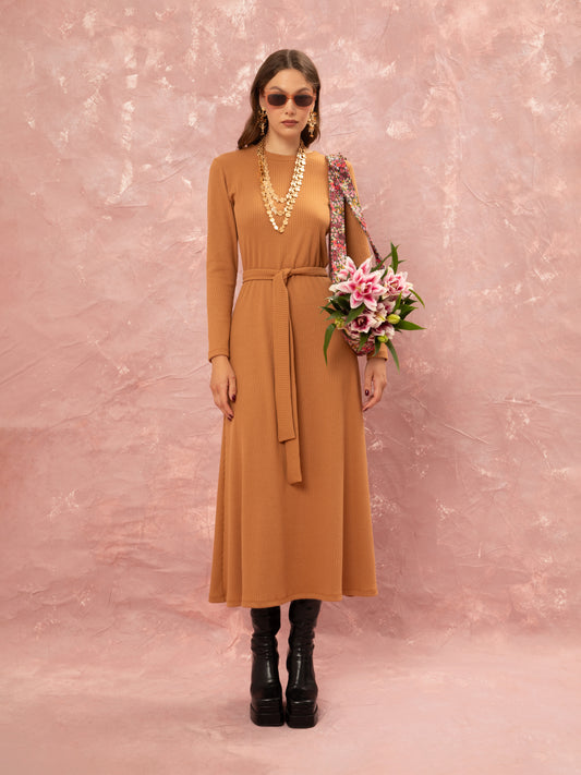 KNITTED RIBBED DRESS - BEIGE
