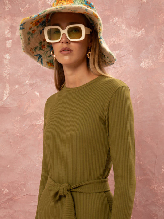 KNITTED RIBBED DRESS - LIME