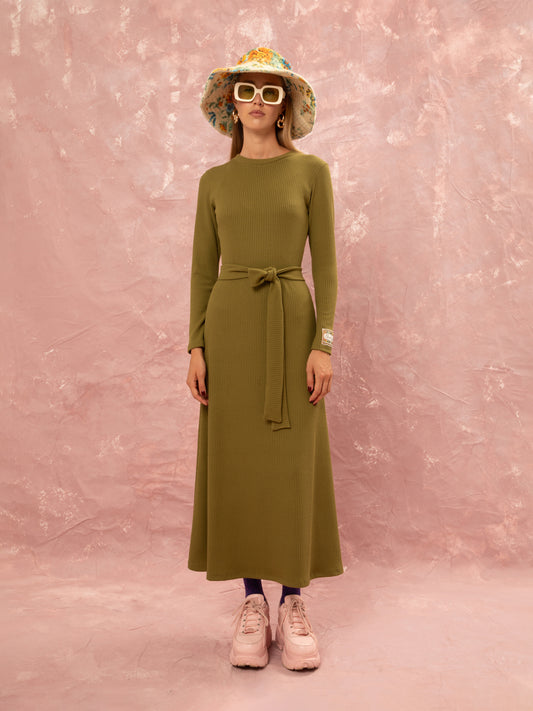 KNITTED RIBBED DRESS - LIME