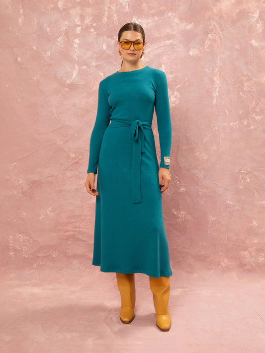 KNITTED RIBBED DRESS - PETROL