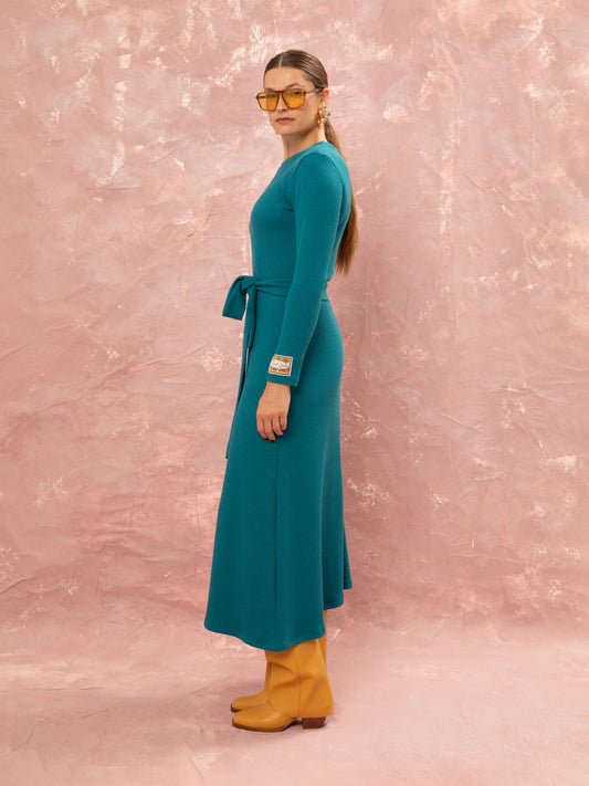 KNITTED RIBBED DRESS - PETROL