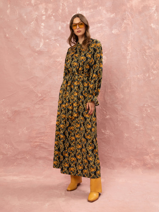 MAO COLLAR MAXI DRESS - LACE BOUQUET BLACK
