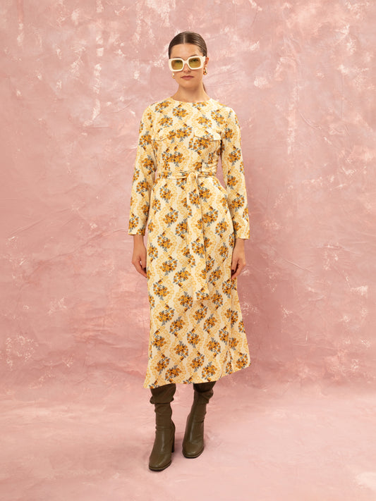 STRAIGHT LINE MIDI DRESS - LACE BOUQUET CREAM