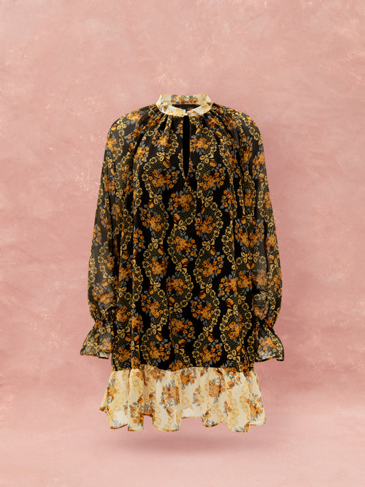 CHIFFON MINI DRESS - LACE BOUQUET BLACK