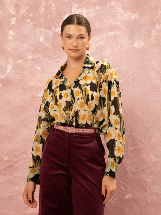 OVERSIZED CHIFFON SHIRT - NARCISSUS BLACK