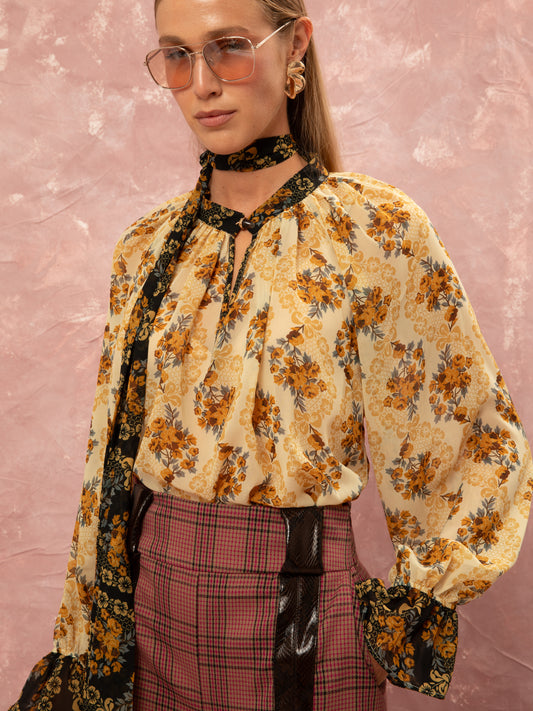 LONG SLEEVE CHIFFON BLOUSE - LACE BOUQUET CREAM