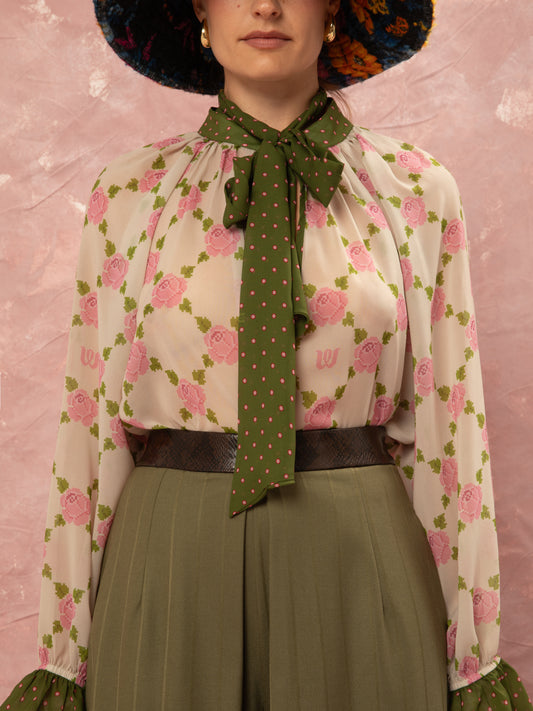LONG SLEEVE CHIFFON BLOUSE - ROSES