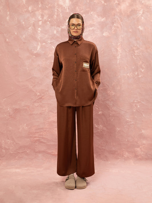 OVERSIZED SATIN SHIRT - BROWN