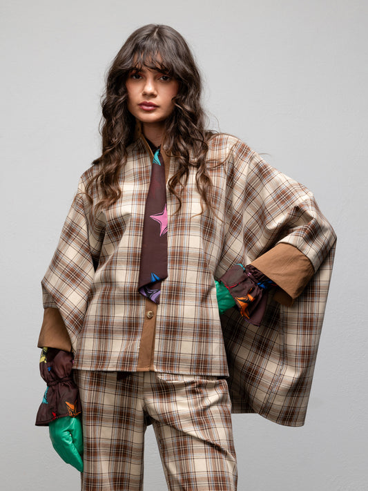 PEARL KAFTAN SHIRT - CHECK BROWN
