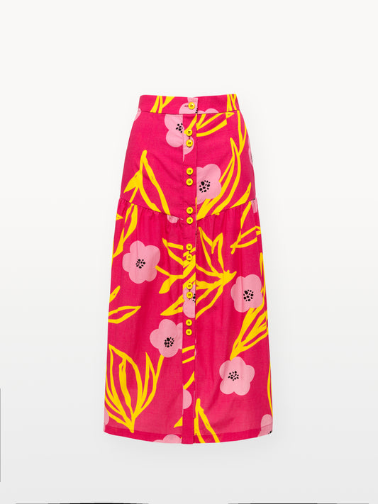FITTED-WAIST MIDI SKIRT - FLORAL FUCHSIA