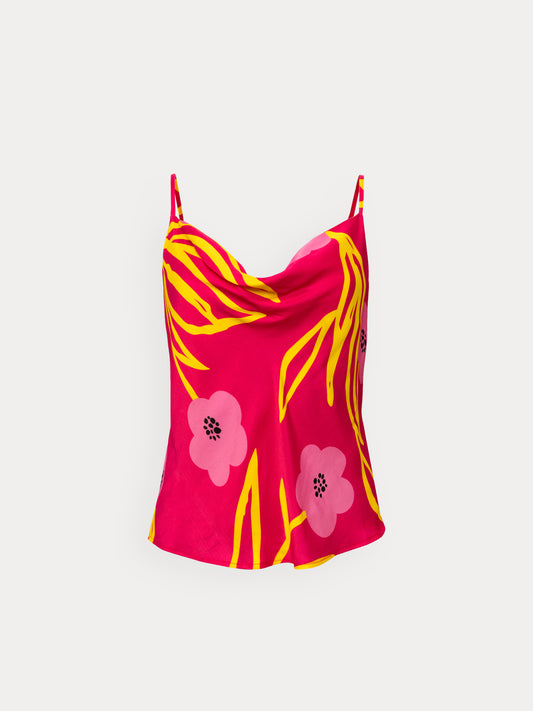 DRAPED COWL-NECKLINE TOP - FLORAL FUCHSIA