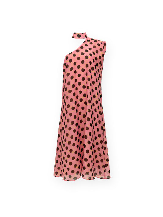 HALTERNECK ONE-SHOULDER MIDI DRESS - POLKA CHERRIES PINK
