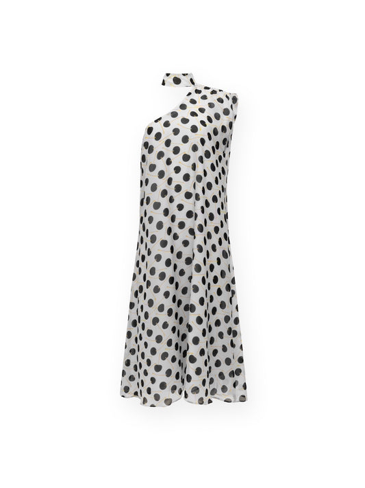 HALTERNECK ONE-SHOULDER MIDI DRESS - POLKA CHERRIES WHITE