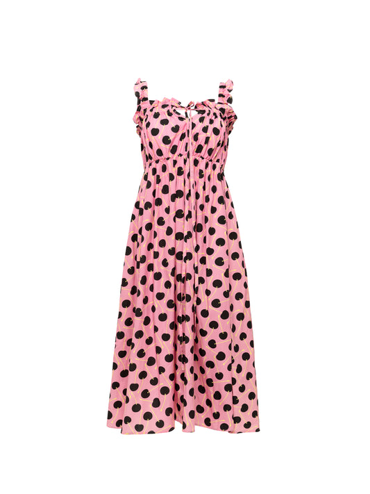 SLEEVELESS MIDI DRESS - POLKA CHERRIES PINK