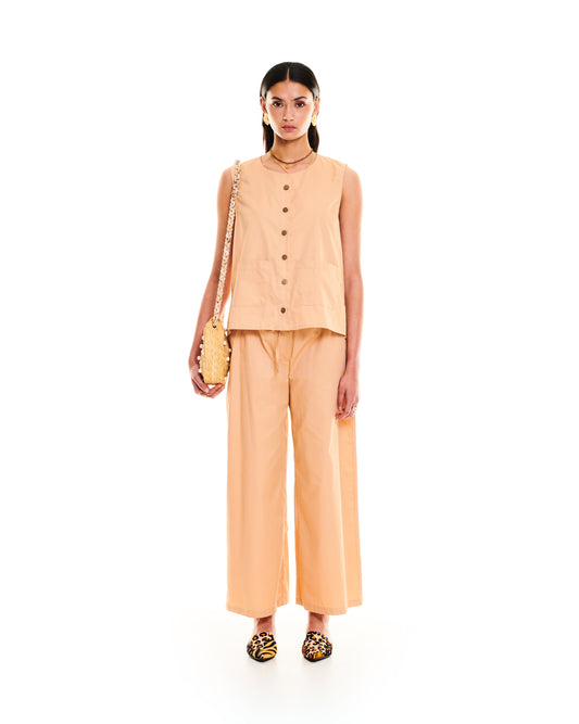 ELASTICATED-WAIST COTTON PANTS - BEIGE