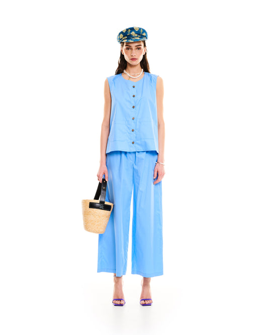 ELASTICATED-WAIST COTTON PANTS - LIGHT BLUE