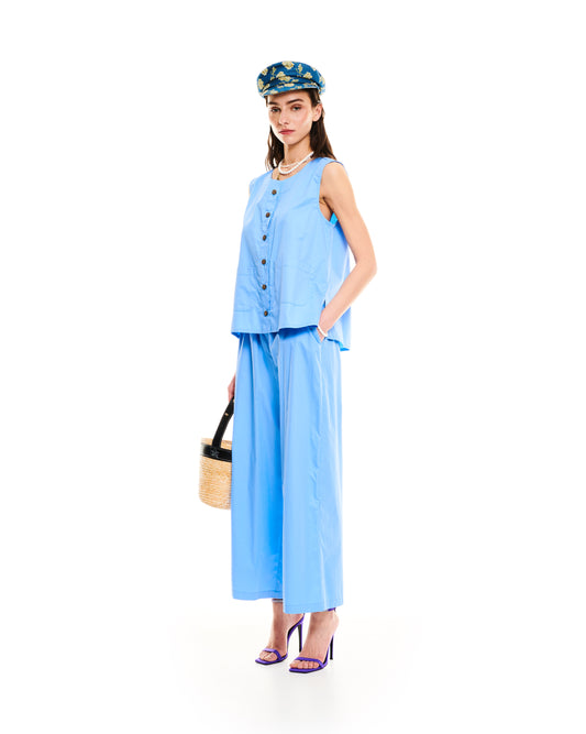 ELASTICATED-WAIST COTTON PANTS - LIGHT BLUE