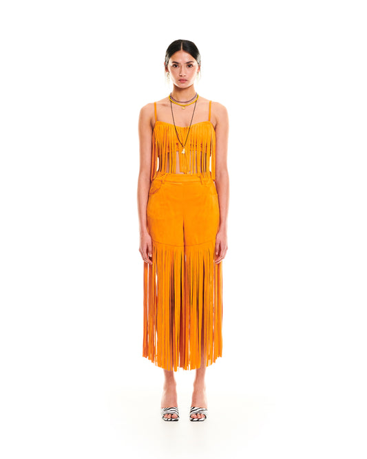 FRINGED ALCANTARA SHORTS - ORANGE