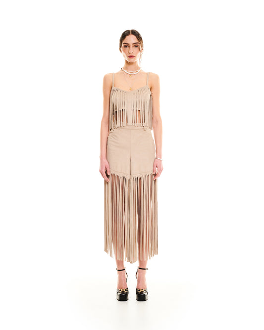 FRINGED ALCANTARA SHORTS - TAUPE