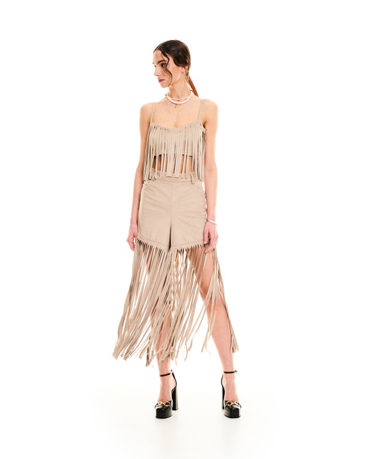FRINGED ALCANTARA SHORTS - TAUPE