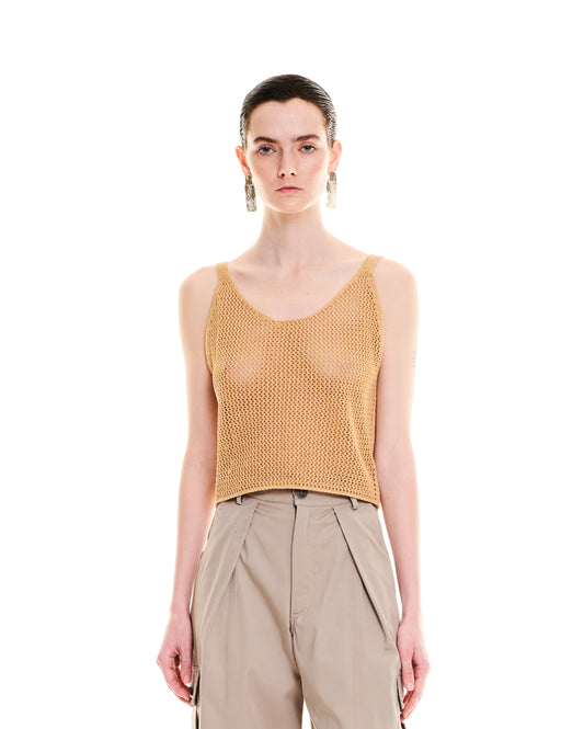 OPEN-KNIT CROP TOP - BEIGE