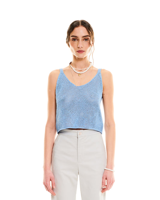 OPEN-KNIT CROP TOP - LIGHT BLUE