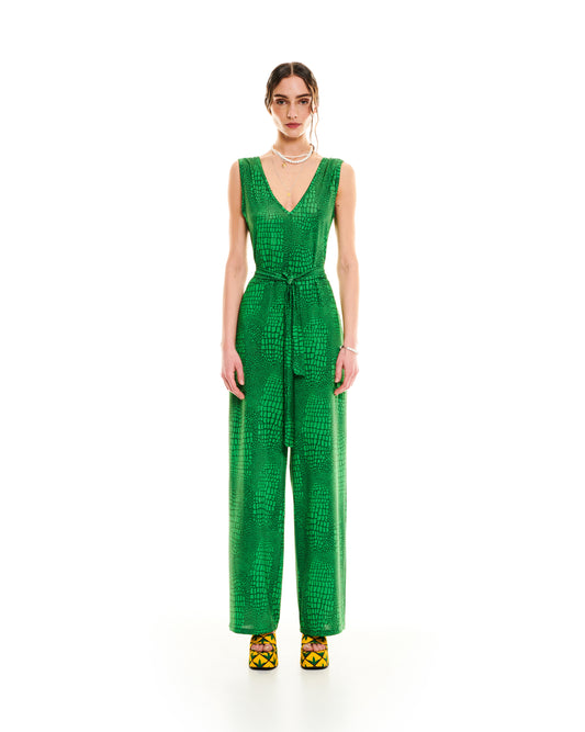 SLEEVELESS JERSEY JUMPSUIT - CROCO GREEN
