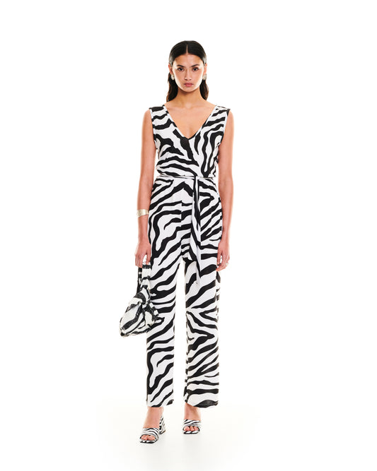 SLEEVELESS JERSEY JUMPSUIT - ZEBRA WHITE