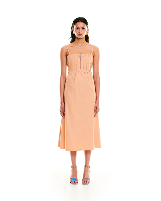FRONT-ZIPPER MIDI DRESS - BEIGE