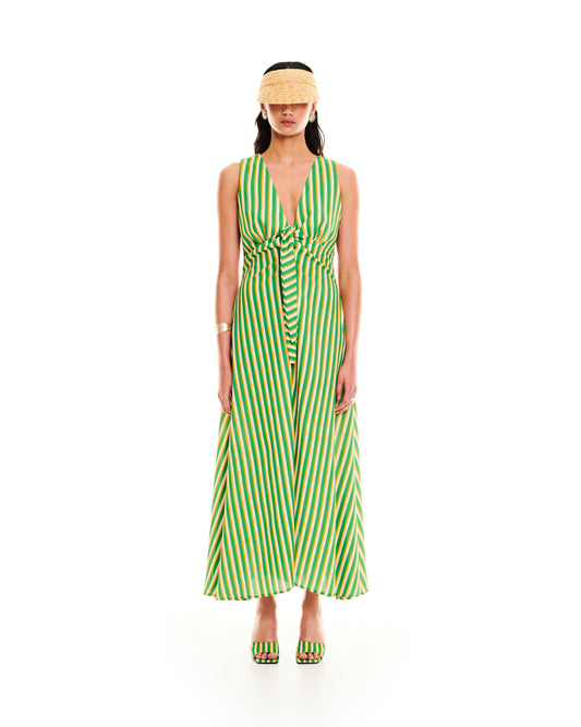 FRONT BOW MAXI DRESS - STRIPES GREEN