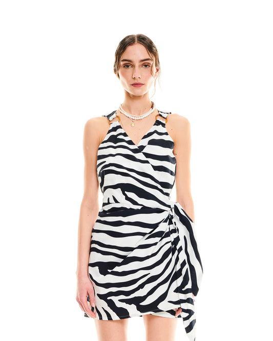WRAP MINI COTTON DRESS - ZEBRA WHITE