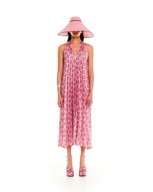 PLEATED SATIN MAXI DRESS CACTUS PINK