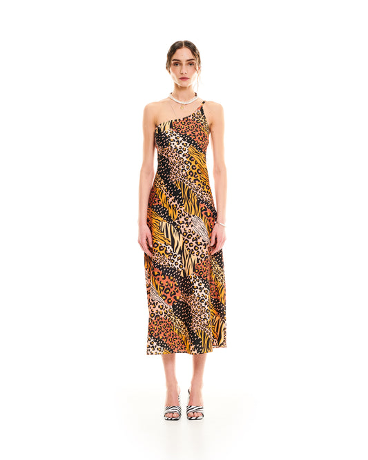 ONE-SHOULDER MIDI DRESS - ANIMAL PRINTS