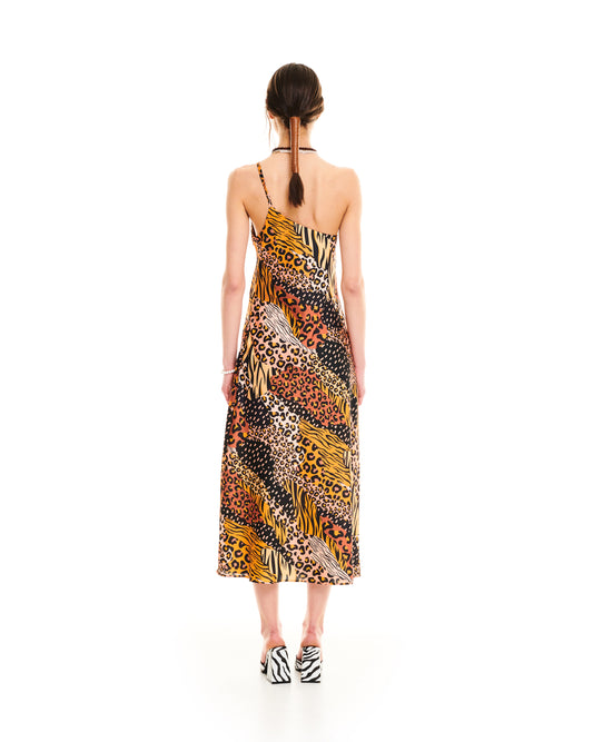 ONE-SHOULDER MIDI DRESS - ANIMAL PRINTS