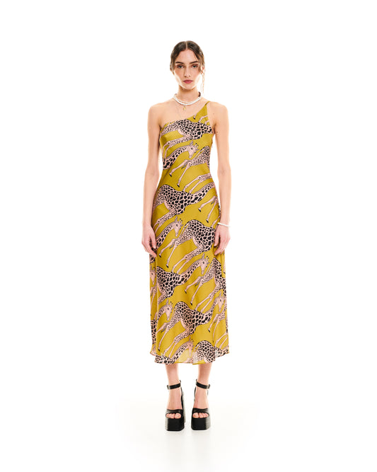 ONE-SHOULDER MIDI DRESS - GIRAFFES KHAKI