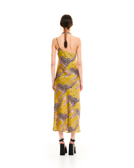 ONE-SHOULDER MIDI DRESS - GIRAFFES KHAKI