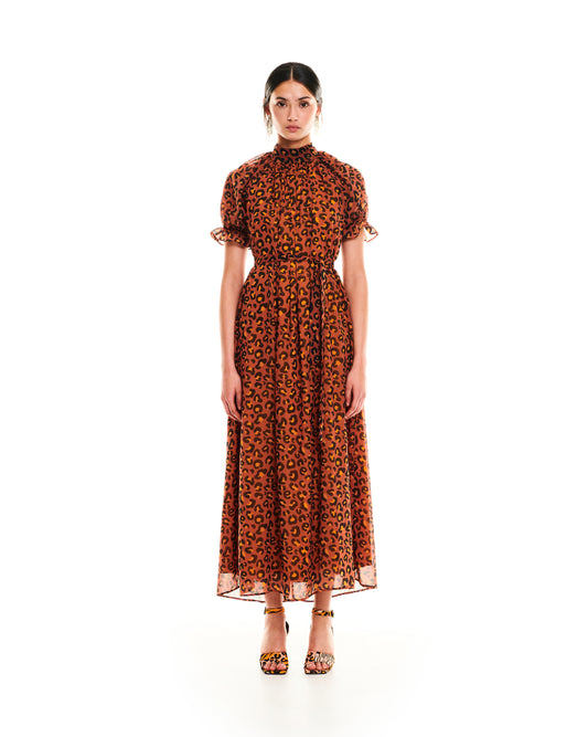 MOCK-NECK PRINTED MAXI DRESS - LEOPARD LOGO