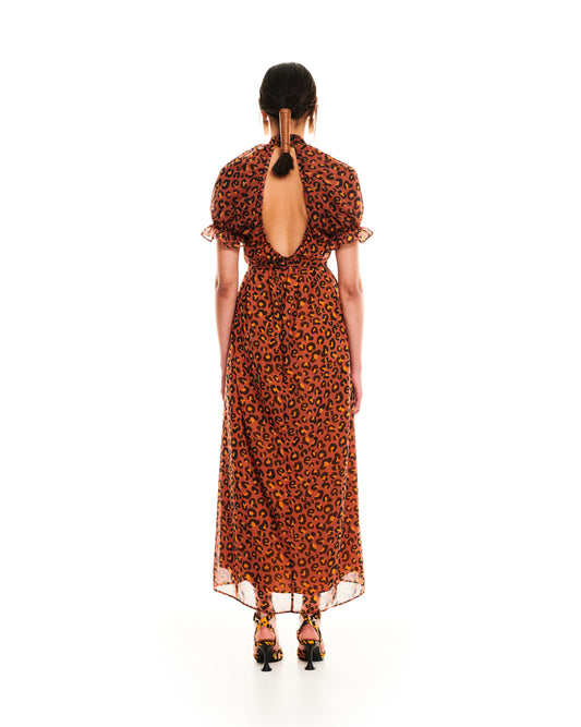 MOCK-NECK PRINTED MAXI DRESS - LEOPARD LOGO