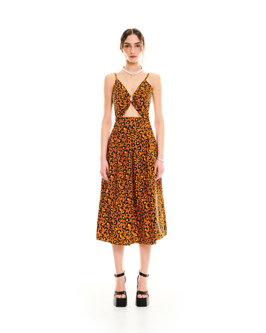 CUT-OUT PRINTED MIDI DRESS - LEOPARD LOGO