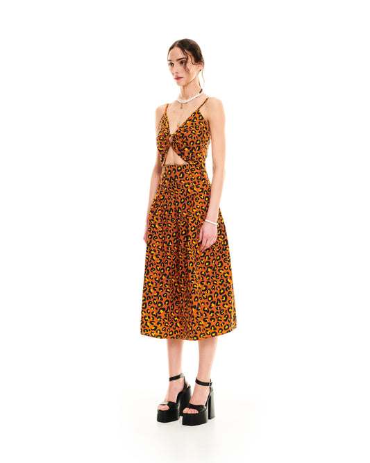 CUT-OUT PRINTED MIDI DRESS - LEOPARD LOGO