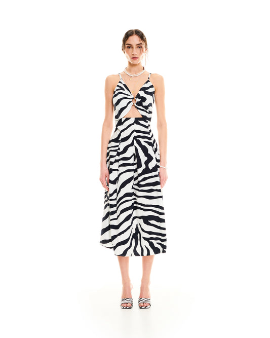 CUT-OUT PRINTED MIDI DRESS - ZEBRA WHITE