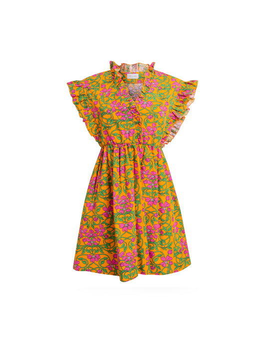 RUFFLED MIDI DRESS - FLORAL ORANGE