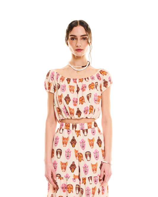 SCOOP-NECK CROP TOP - MASKS IVORY