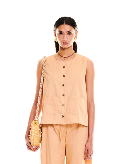 SLEEVELESS COTTON SHIRT - BEIGE